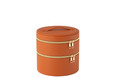 Cosmetic Box Round+Mirror Artificial Leather Cognac