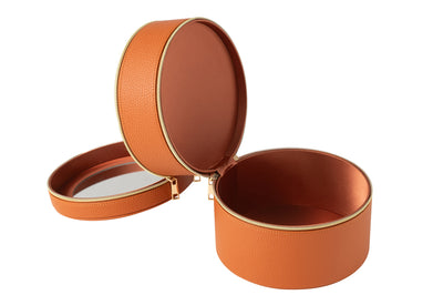 Cosmetic Box Round+Mirror Artificial Leather Cognac