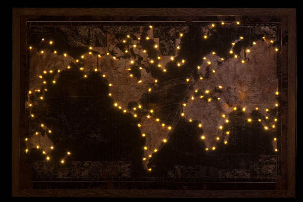 Frame Led Batteries Map World Wood/Canvas Black/Brown