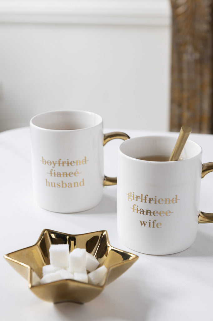 Mug Message Mariage English Porcelain White / Gold Assortment Of 2