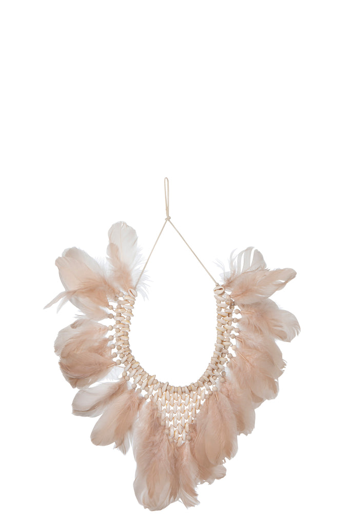 Necklace 2 Feathers/Shells Boho Salmon