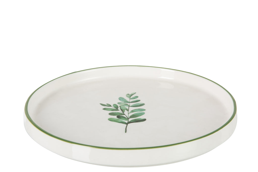 Plate Low Eucalyptus Porcelain White/Green Small