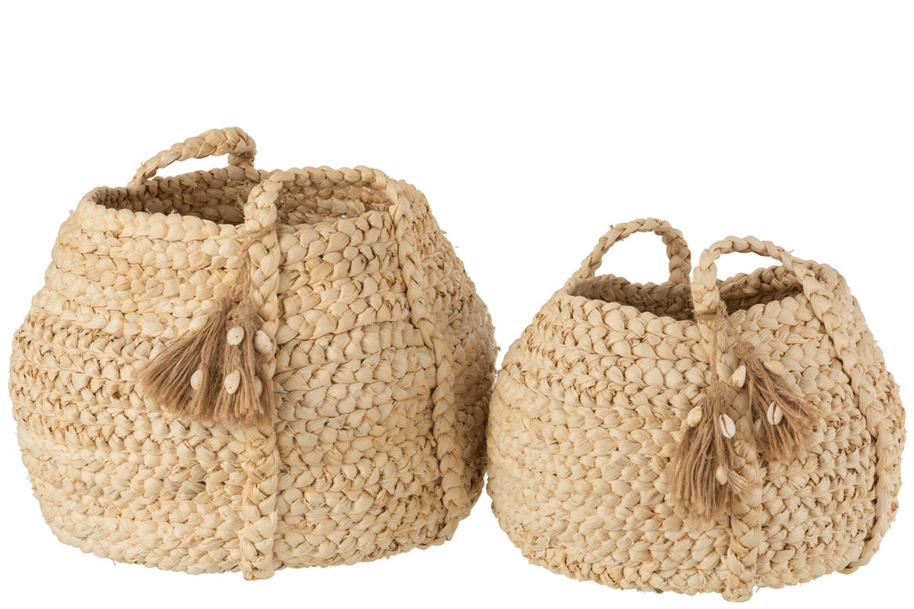 Set Of 2 Baskets Woven Tassels Jute Maize Light Natural