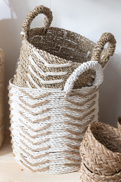 Set Of 2 Baskets Chevron Raffia White/Natural