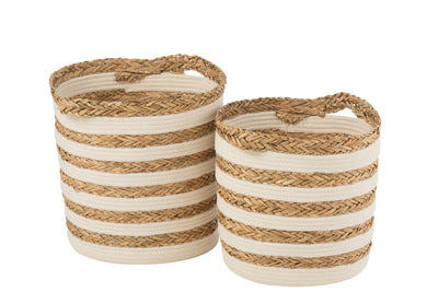 Set Of 2 Baskets Striped Grass/Cotton Natural/White