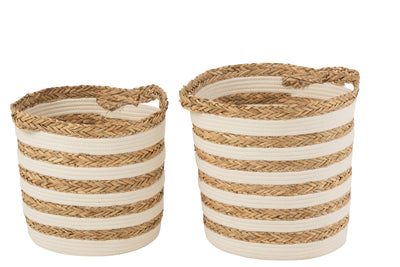 Set Of 2 Baskets Striped Grass/Cotton Natural/White