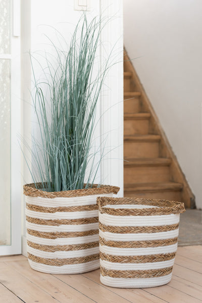 Set Of 2 Baskets Striped Grass/Cotton Natural/White