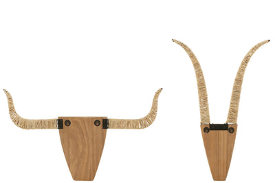 Set Of Two Wall Decoration Bull Fir Wood/Reed White/Natural