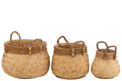 Set Of 3 Baskets+Handle Ball Bamboo+Rope Natural Small