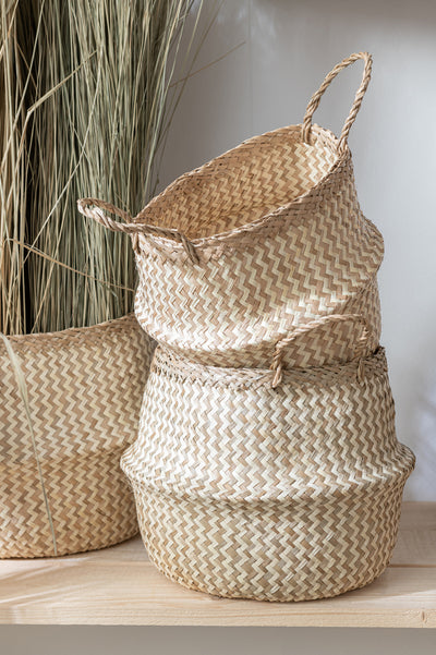 Set 3 Baskets Retractable Seagrass White