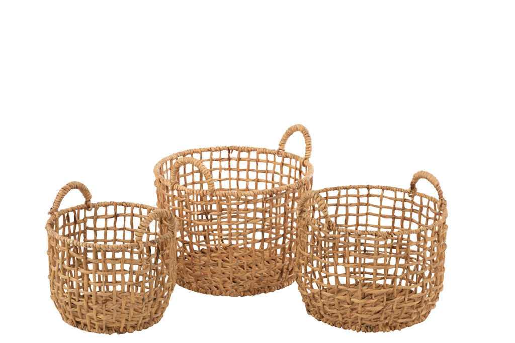 Set Of 3 Baskets Round Open Water Hyacinth Natural