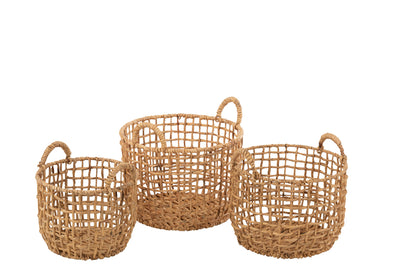 Set Of 3 Baskets Round Open Water Hyacinth Natural