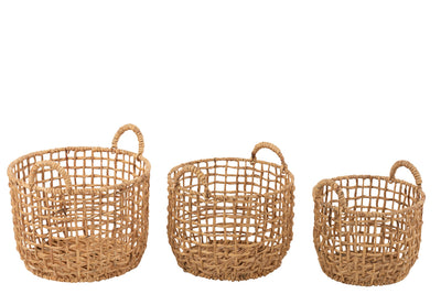 Set Of 3 Baskets Round Open Water Hyacinth Natural