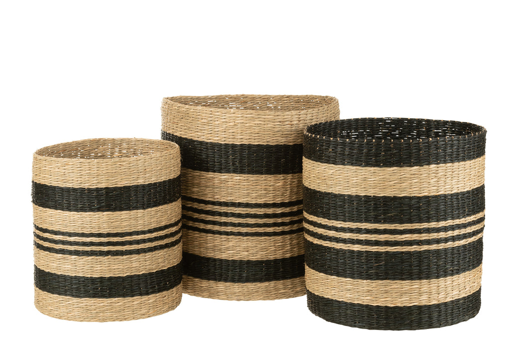 Set 3 Baskets Striped Seagrass Black