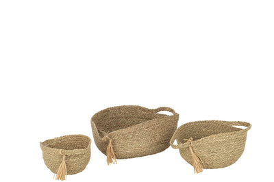 Set Of 3 Basket Round With Handle+ Tassel Grass Natural