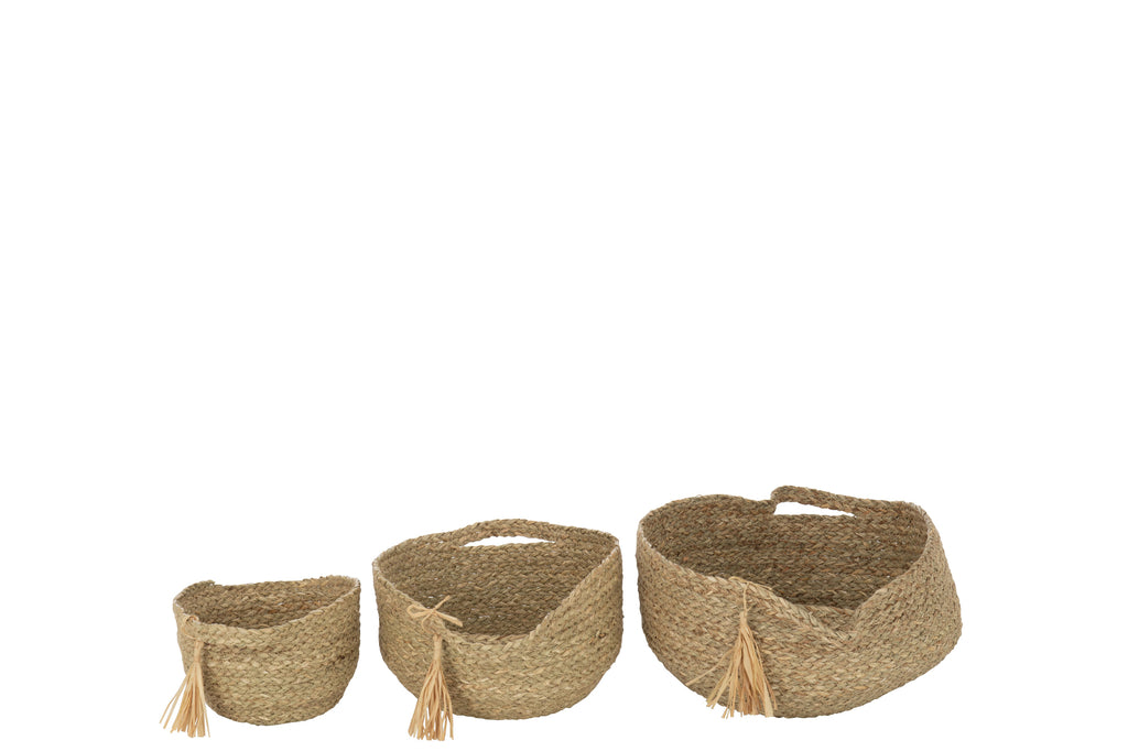 Set Of 3 Basket Round With Handle+ Tassel Grass Natural