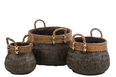 Set Of 3 Baskets+Handle Ball Bamboo+Rope Black