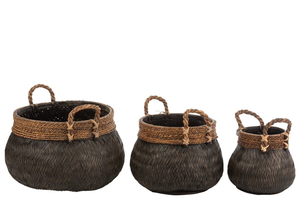 Set Of 3 Baskets+Handle Ball Bamboo+Rope Black