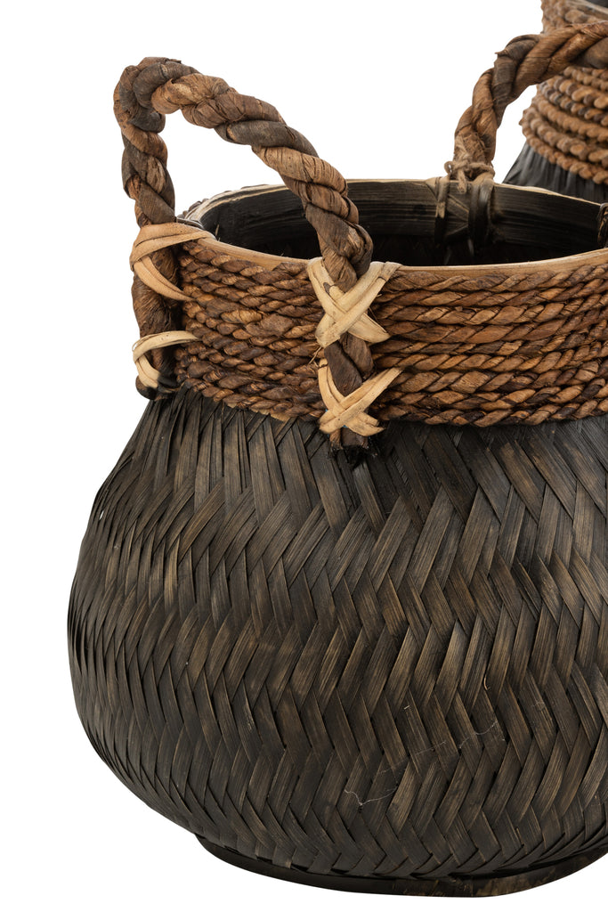 Set Of 3 Baskets+Handle Ball Bamboo+Rope Black