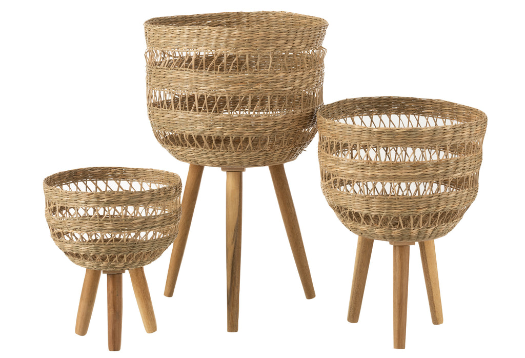 Set Of 3 Baskets On Tripod Seagrass Natural