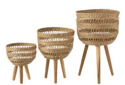 Set Of 3 Baskets On Tripod Seagrass Natural