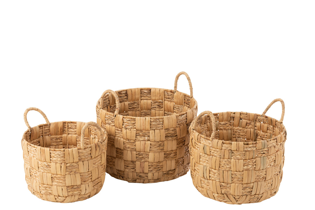 Set Of 3 Baskets Round Water Hyacinth Natural