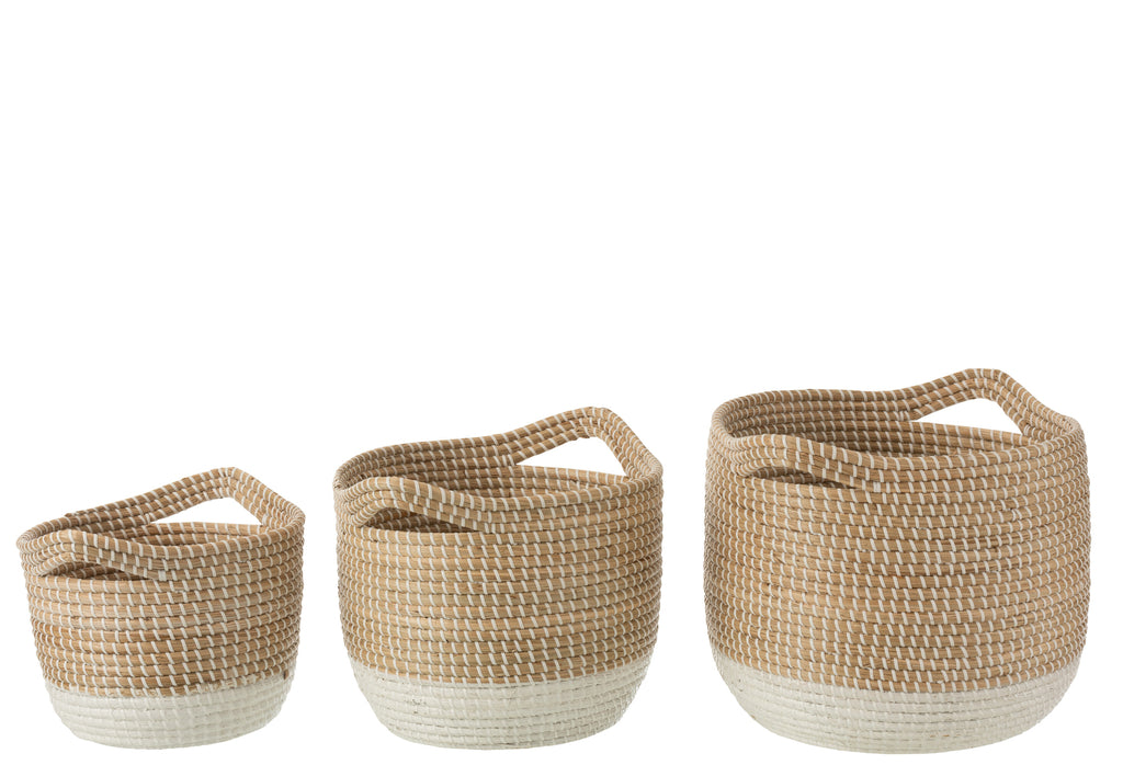 Set Of 3 Baskets Round Seagrass Natural/White