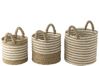 Set Of 3 Baskets Striped Raffia White/Natural