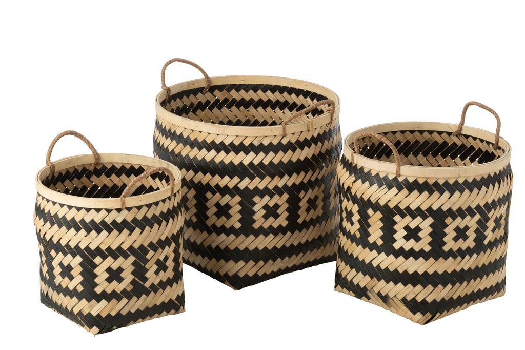 Set Of 3 Basket Patterns Handles Bamboo Natural/Black