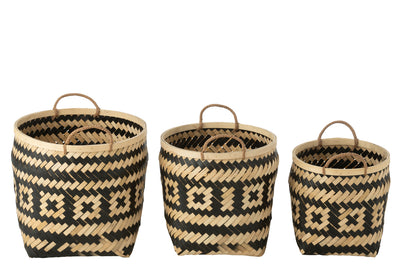 Set Of 3 Basket Patterns Handles Bamboo Natural/Black