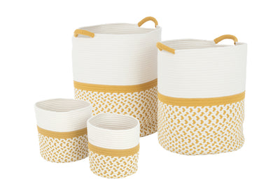 Set Of 4 Coil Basket Round Patterns Textile White/Orange