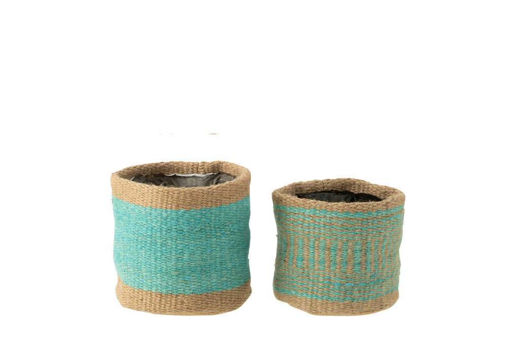 Set Of 2 Basket Round+Band Jute Natural/Azure Xs/S