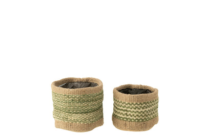 Set Of 2 Basket Round+Band Jute Natural/Green Xs/S