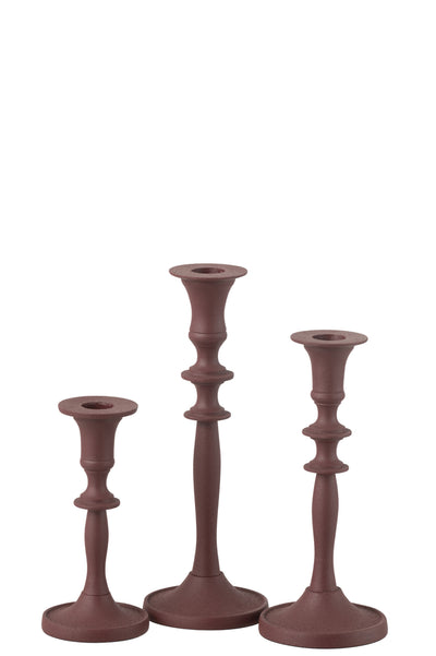 Set Of 3 Candle Holders Classic Aluminium Maroon