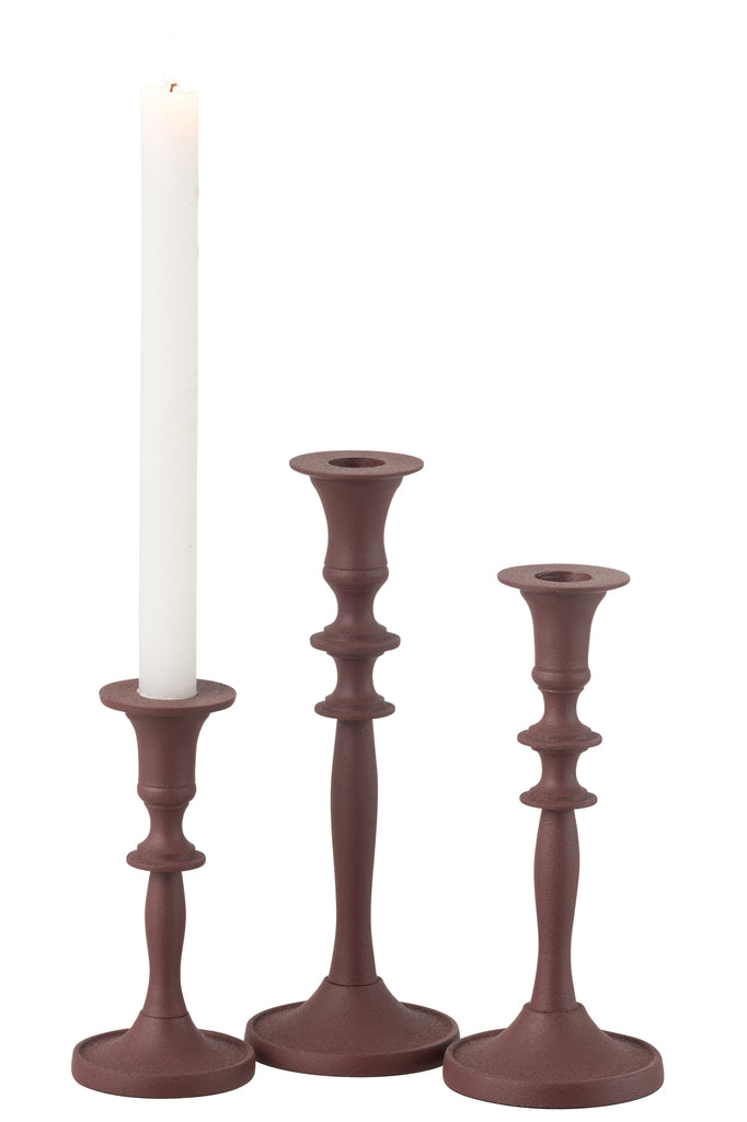 Set Of 3 Candle Holders Classic Aluminium Maroon