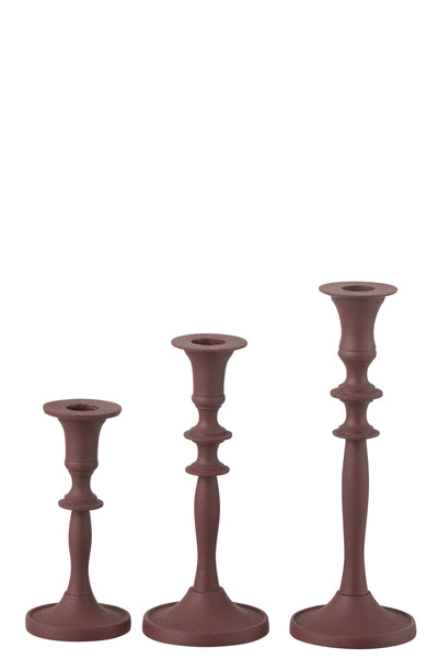 Set Of 3 Candle Holders Classic Aluminium Maroon