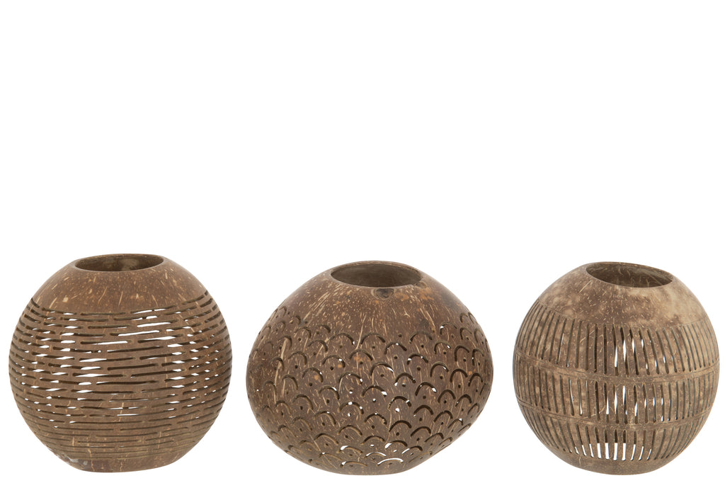 Tealight Holder Coconut Lines Brown Assortment Of 3