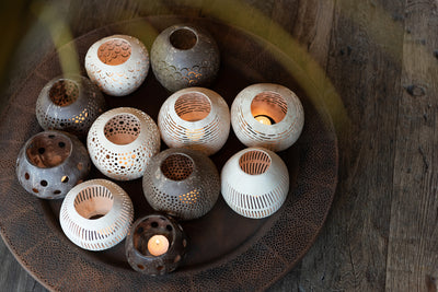 Tealight Holder Coconut Lines Brown Assortment Of 3